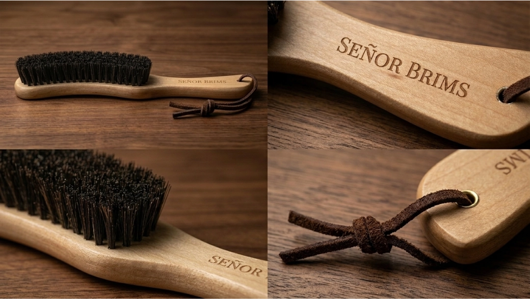Collage of a wooden brush with black bristles and a wooden holder on a wooden surface, branded 'SEÑOR BRIMS'.
