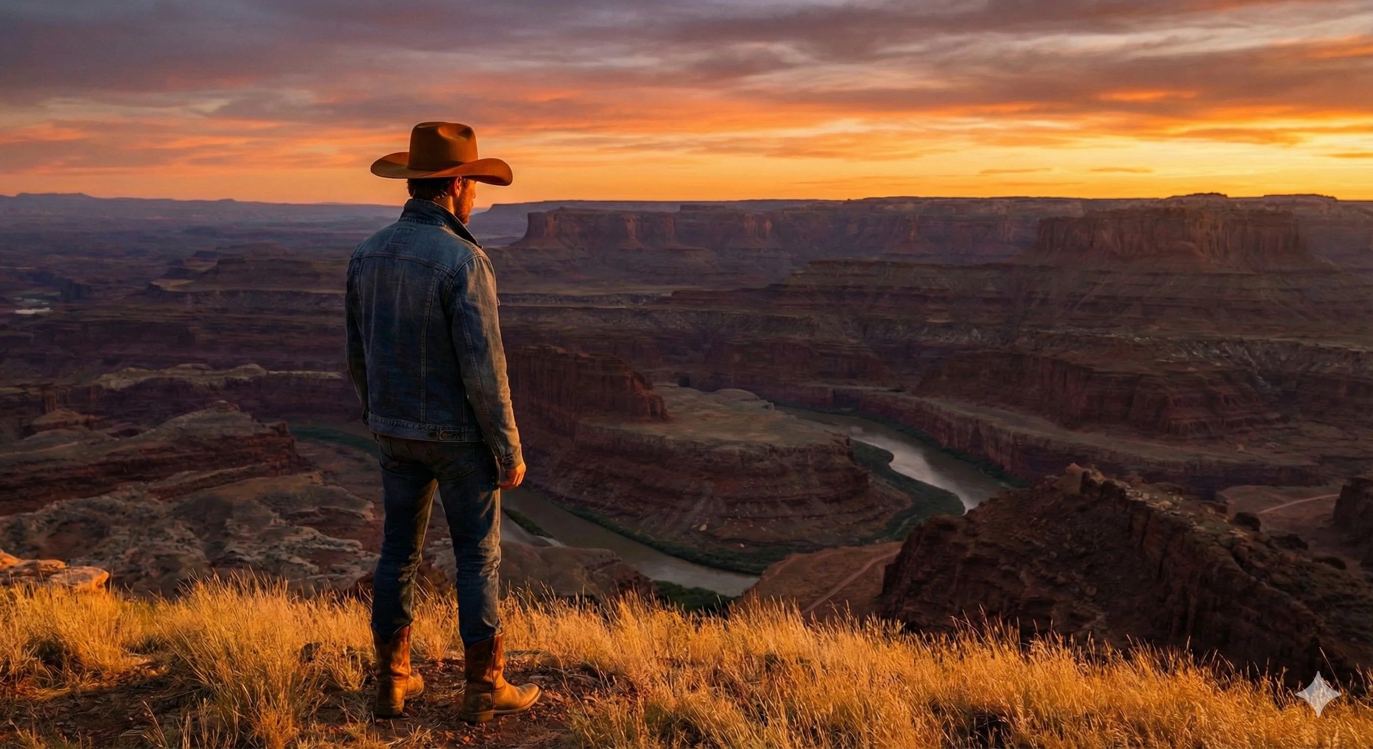 Person wearing a cowboy hat and jacket standing on a cliff overlooking a desert landscape at sunset.