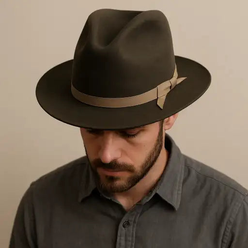 Mens Hat Collection, Man wearing fur felt olive fedora