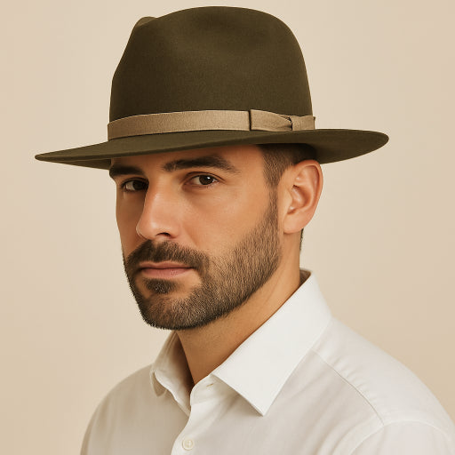 Man wearing a brown fedora hat against a beige background