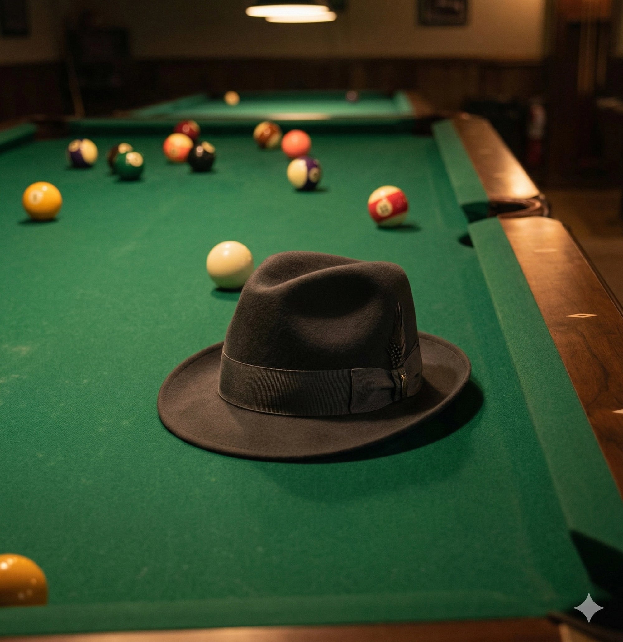 Brown fedora hat on a pool table with pool balls in the background